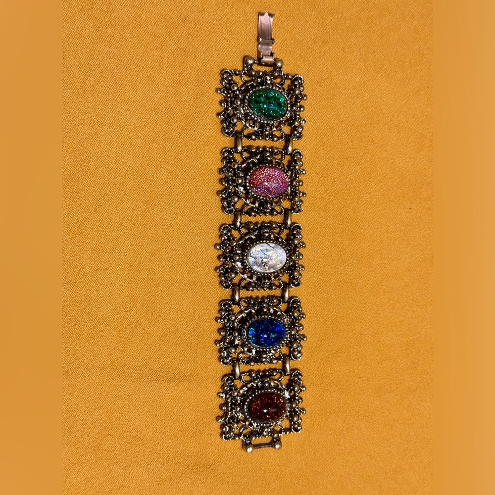 Vintage Unsigned Selro Selini Panel Link Bracelet Multicolor Cabochon